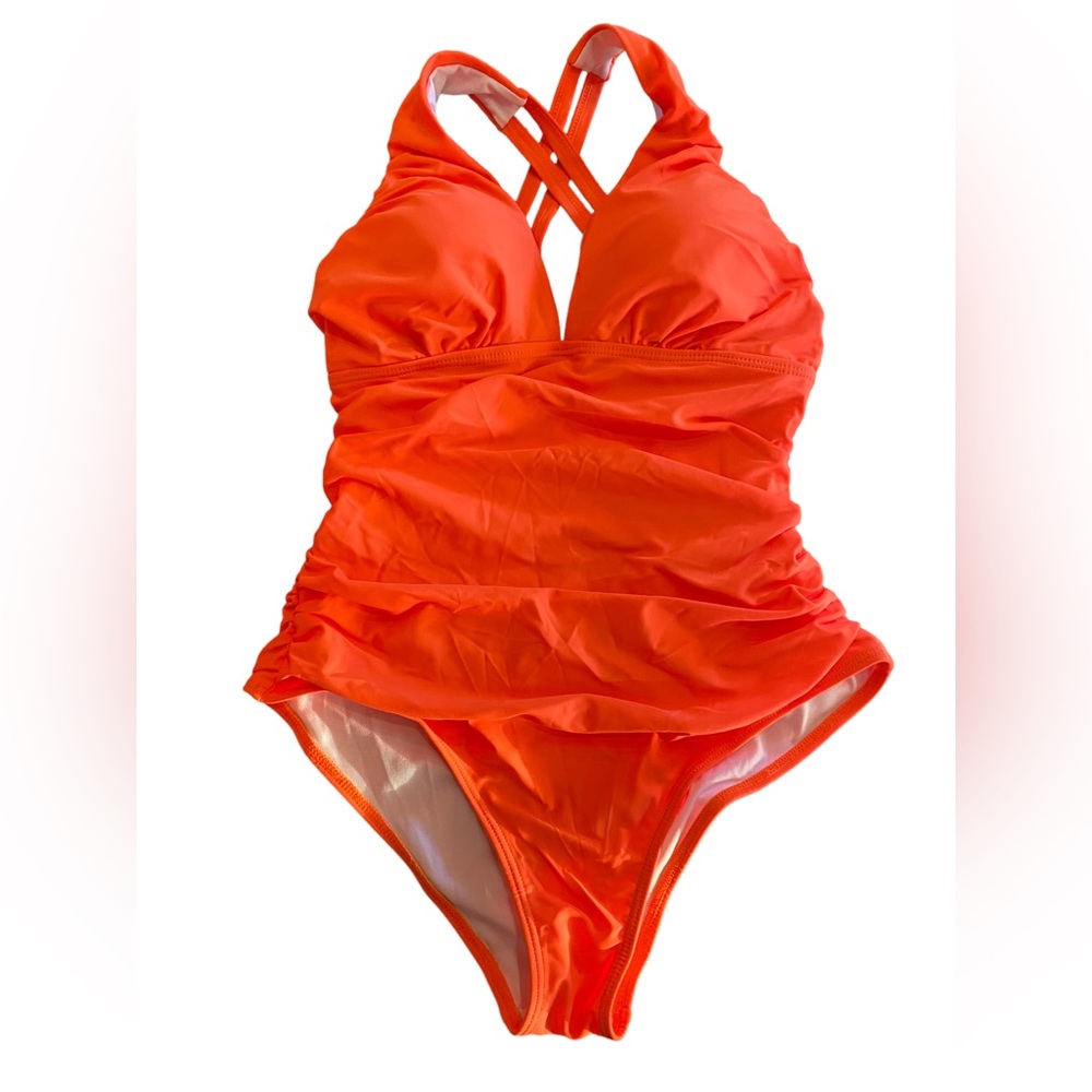 Sexy neon orange Youdian ruched one piece high cut swimsuit. Size medium NWT